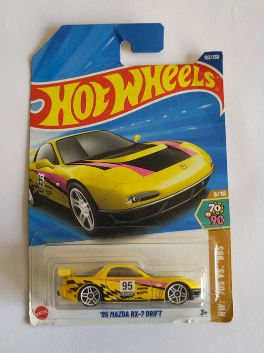 Hot Wheels 95 Mazda RX-7 Drift Yellow Custom Diecast Car 1:64 Scale - Exotic Supercar Collection